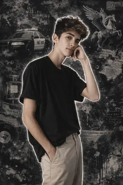 时尚男士肖像，背景为垃圾拼贴风格