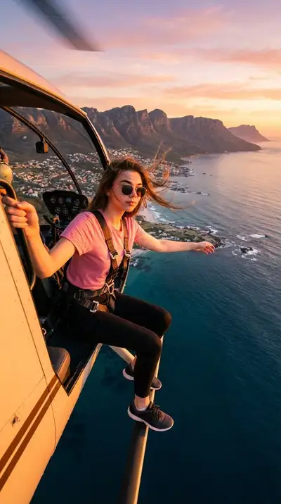 Cinematic aerial photo sitting on a helicopter edge at sunset