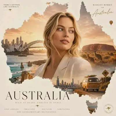 Country tourism collage map poster with celebrity ambassador