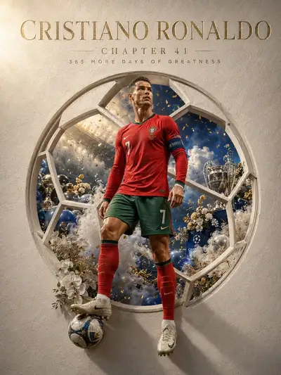 Cristiano Ronaldo luxury editorial poster with a 3D breakout