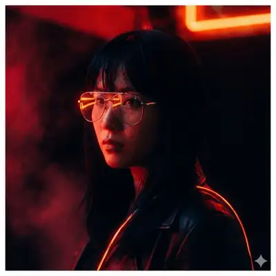 新黑色电影风格女性肖像，深红明暗对比照明