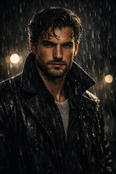 Retrato cinematográfico bajo la lluvia de un hombre rudo por la noche