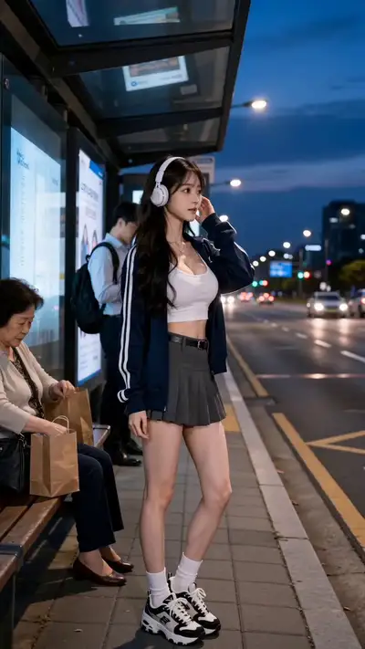 Prompt de vidéo de danse K-pop à un arrêt de bus avec une fiche de personnage
