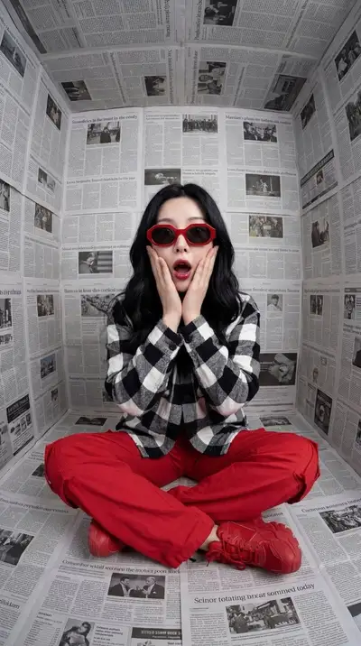 Surreal editorial portrait in a room covered entirely in newspaper