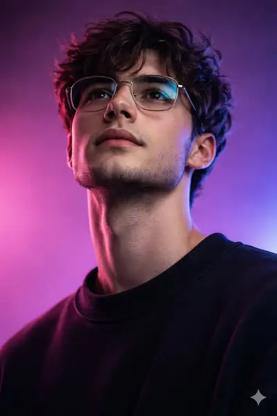 Synthwave-Kino-Porträt eines Mannes mit Brille