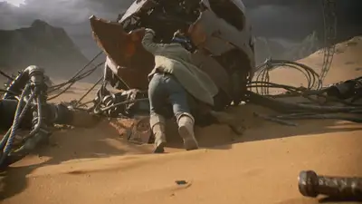 Catador escalando através de uma cabeça de mecha enferrujada em um deserto árido