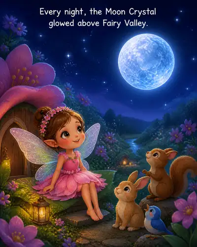Glowing Moon Crystal above a fantasy fairy valley