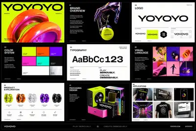Playful futuristic multi-page brand kit for a toy tech company