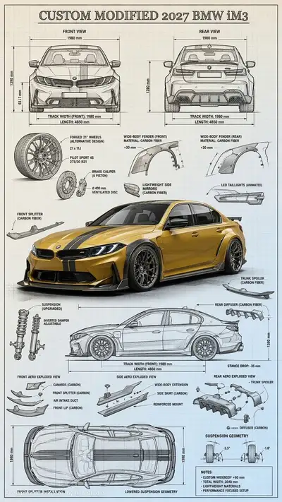 Automotive blueprint and 3D render fusion for modified BMW