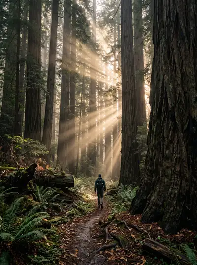 Solitary Hiker in Old-Growth Redwood Forest