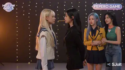 Korean idol variety show Pepero game, glam music video mood