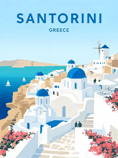 Mid-Century Vector Travel Poster Illustration of Santorini