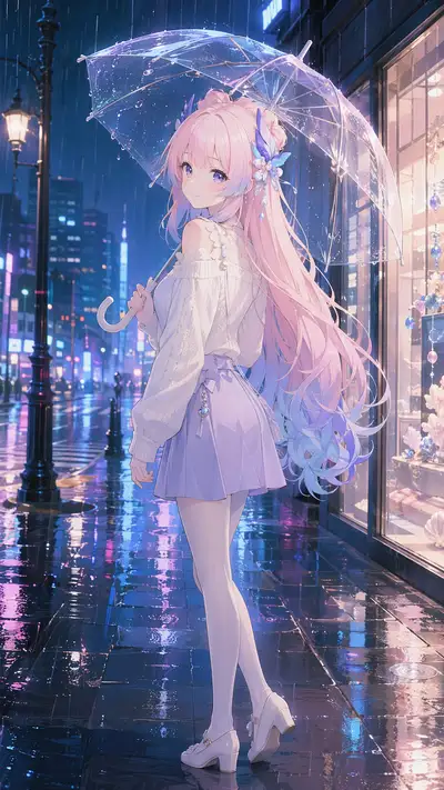 Genshin Impact character reimagined on rainy city street wallpaper