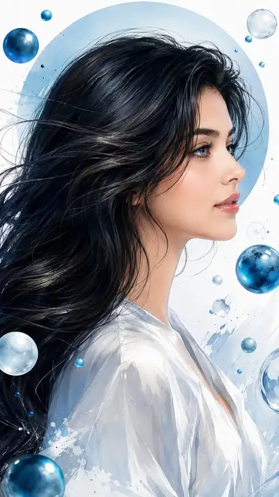 Serene Beauty with Floating Orbs - Cinematic Portrait