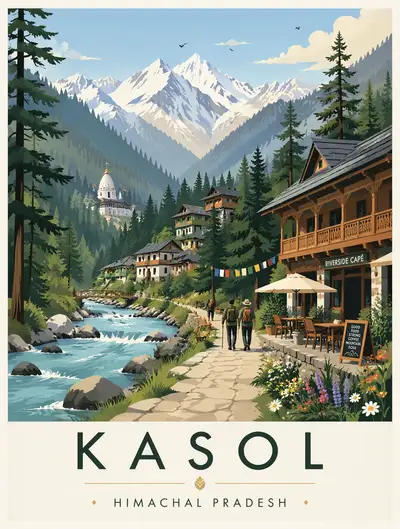 Minimalist vector travel poster of Kasol, Himachal Pradesh
