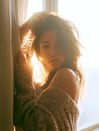 Ethereal Morning Portrait of a Woman in a Chunky Knit Sweater