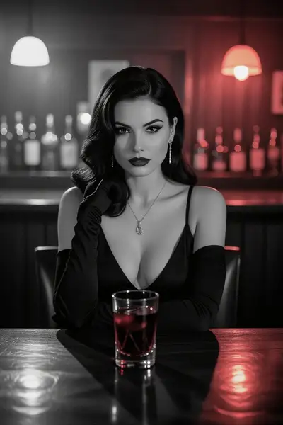 Femme fatale néo-noir dans un bar faiblement éclairé