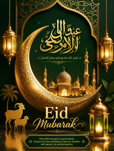 Luxurious Eid Mubarak mosque and lantern poster prompt