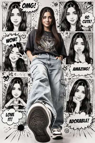 Manga-Comic-Collage-Porträt, das aus der Seite heraustritt