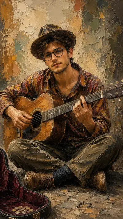 Peinture à l'huile ultra-réaliste en empâtement d'un musicien de rue