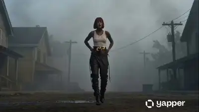 Cinematic 14s Battle Scene with Golden Gun Woman