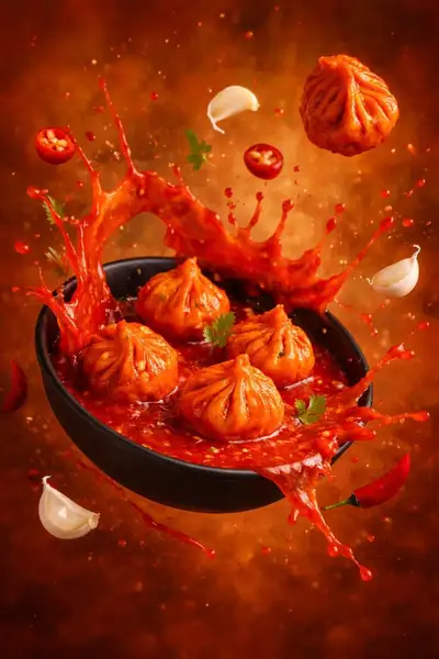 Floating food photography set: wraps, chips and noodle soup