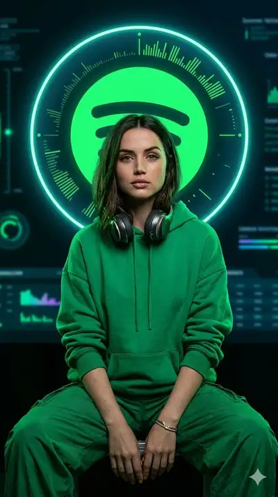 Grün getöntes Tech-Musik-Kampagnenporträt mit leuchtendem Spotify-artigem Symbol