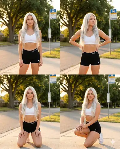 Four-pose golden-hour fitness photo set on a suburban street