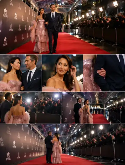 Red carpet couple editorial photo with cinematic lighting