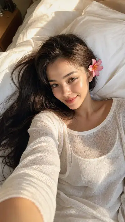 Ultra-Realistic Candid Selfie on White Bed