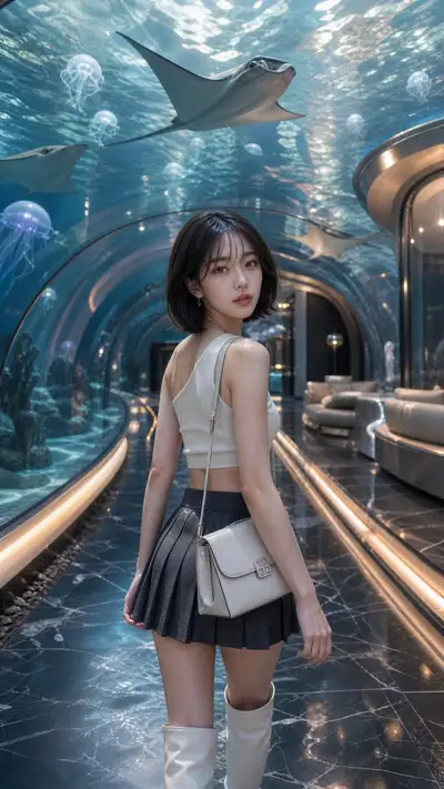 Prompt de portrait dans un couloir d'hôtel aquarium futuriste