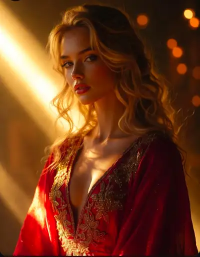 Golden Light Crimson Gown Portrait