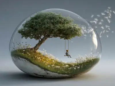 Surreal Gravity Bowl Meadow with Swing