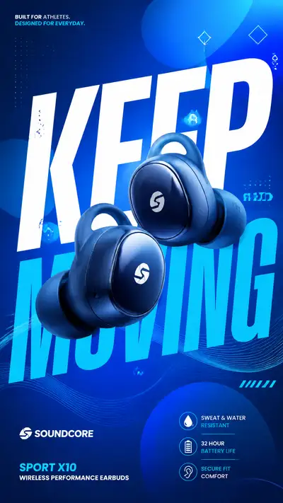 Wireless earbuds sports campaign poster, Keep Moving