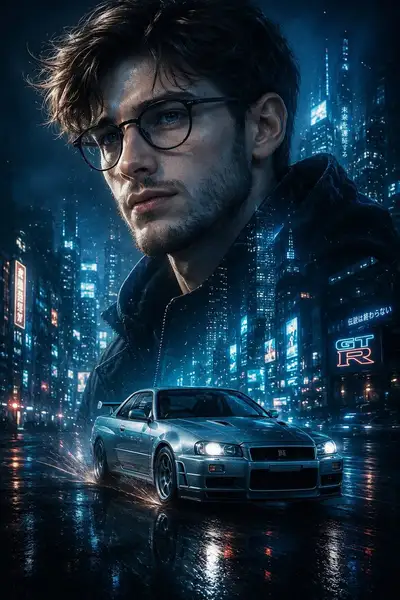 Cyberpunk Noir Movie Poster: Man and Nissan Skyline