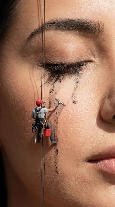 Surreal Macro Beauty Ad: Mini Climber Cleaning Mascara Smear