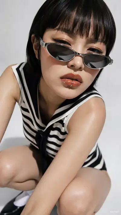 Portrait beauté haute couture en studio avec accent de lunettes de soleil brillantes