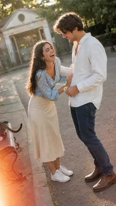 Candid laughing couple photo prompt on a paved path