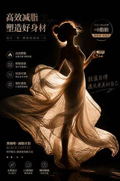 Silhouette advertising poster template for fat-loss coffee products