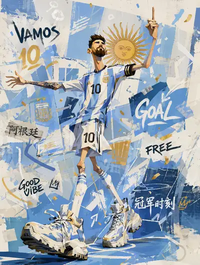 Exaggerated streetwear character poster inspired by Messi