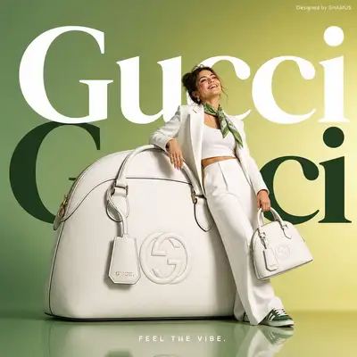 Minimalist Gucci handbag ad with model leaning on giant bag