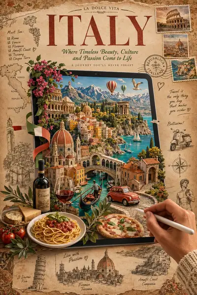 Affiche de voyage vintage avec diorama en papercraft sur tablette