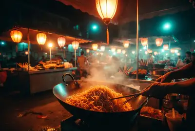 Plan large d'un étal de street food de marché nocturne avec lueur vaporeuse de lanternes