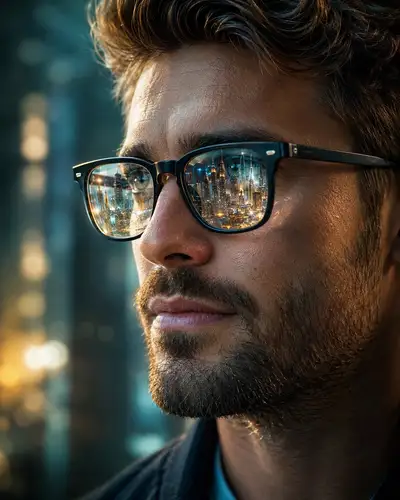 Cinematic Macro Portrait with Futuristic City Reflection