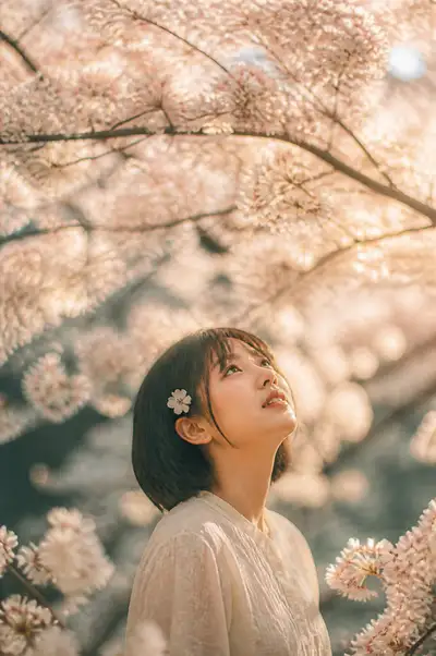 Cinematic cherry blossom portrait with film color grading
