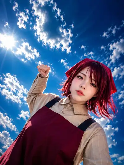 Portrait éditorial sous un ciel saphir avec un foulard cramoisi