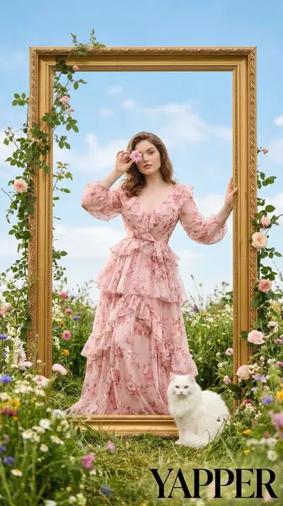 Ultra-Realistic Surreal Fashion Scene in Golden Frame