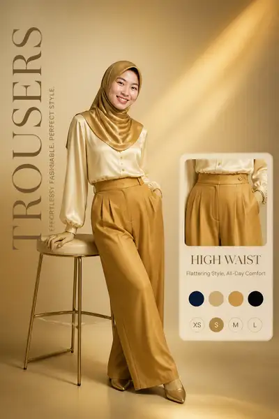 Póster publicitario de pantalones de lujo en tonos dorados