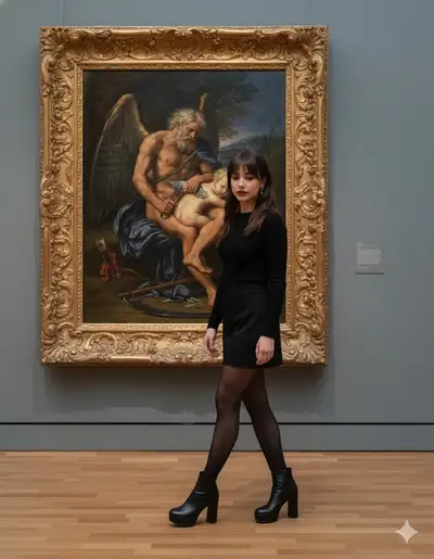 Escena de museo cinematográfica con pintura clásica