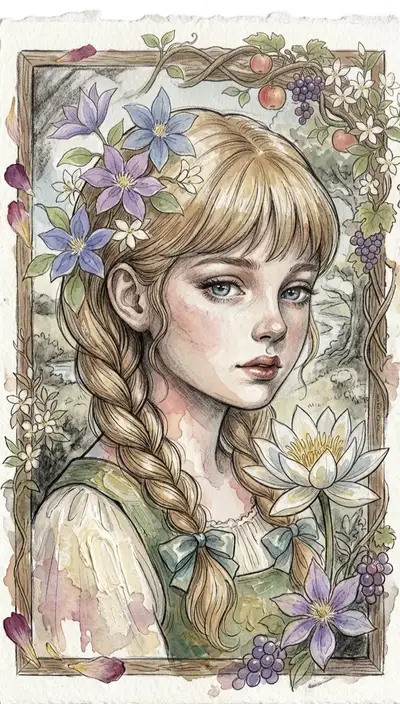 Watercolor Girl in Floral Frame